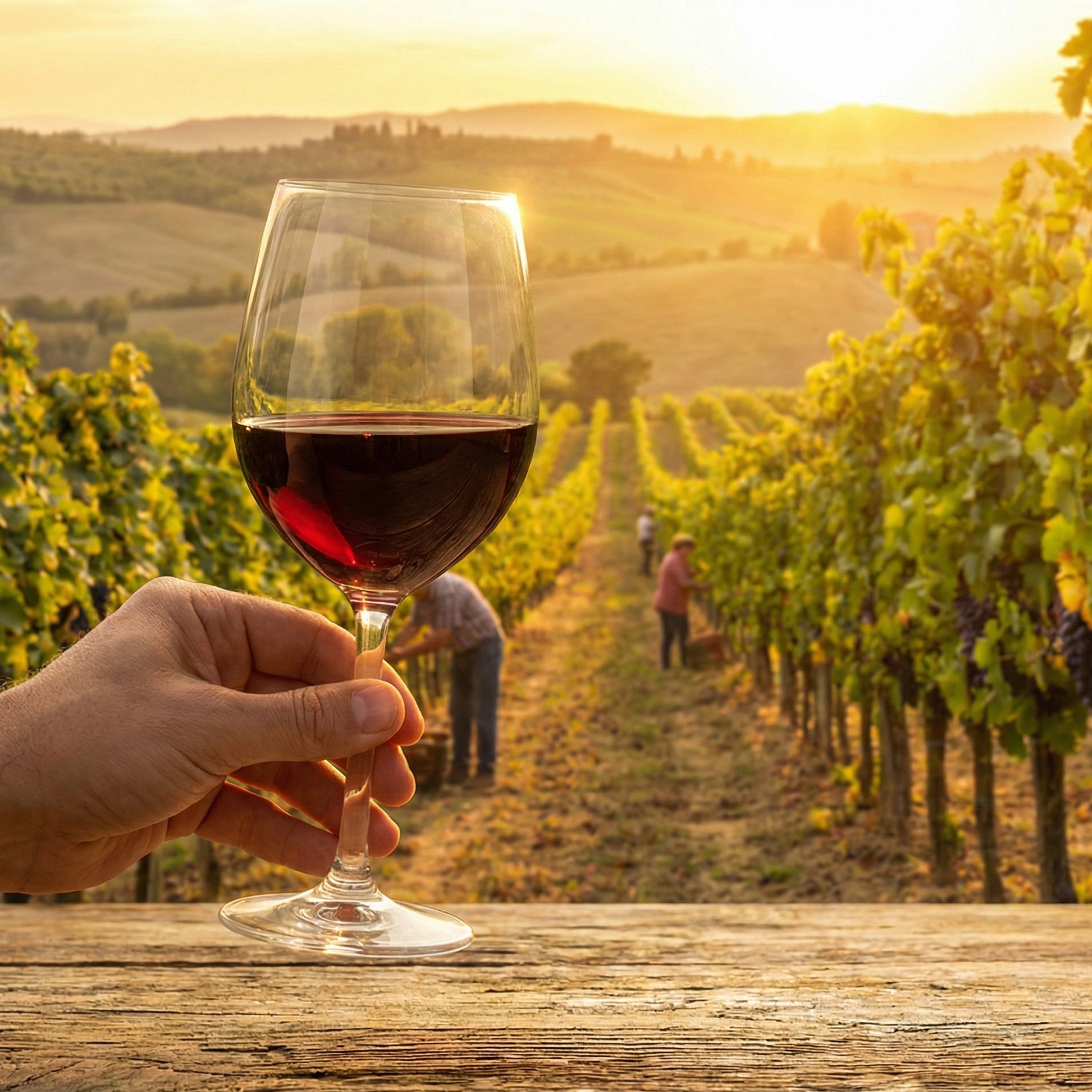 Copa de vino con fondo de viñedo